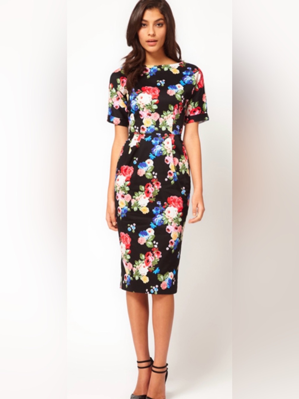 ASOS Black Floral Wiggle Midi Dress with Red, Pink, Blue and Green Accents